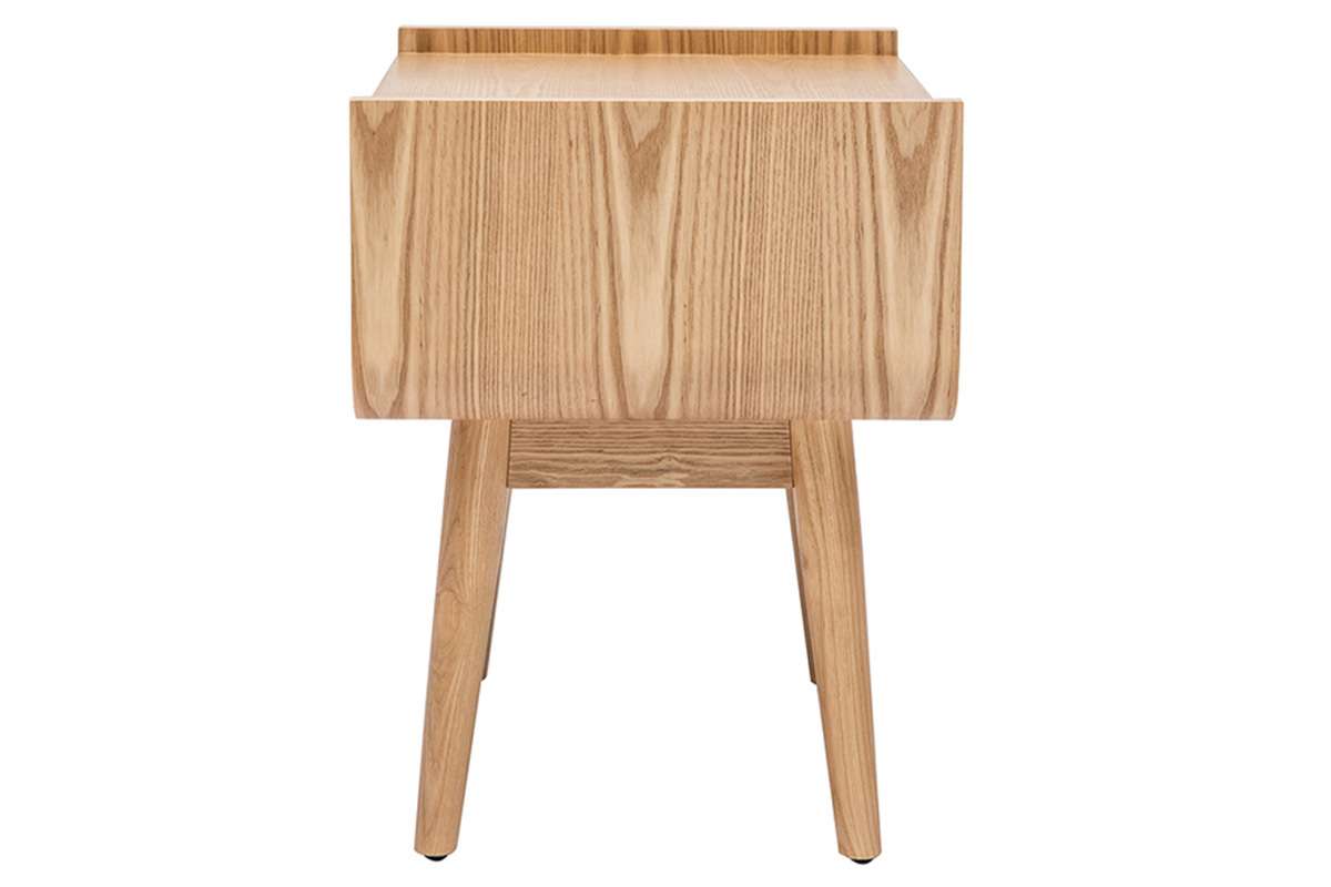 Comodino con cassetto in legno massello chiaro e motivo a intreccio in rattan ATHNE