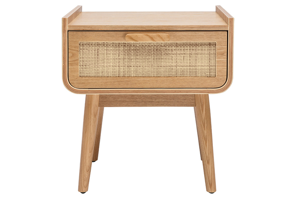 Comodino con cassetto in legno massello chiaro e motivo a intreccio in rattan ATHNE