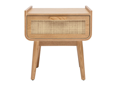 Comodino con cassetto in legno massello chiaro e motivo a intreccio in rattan ATHÈNE