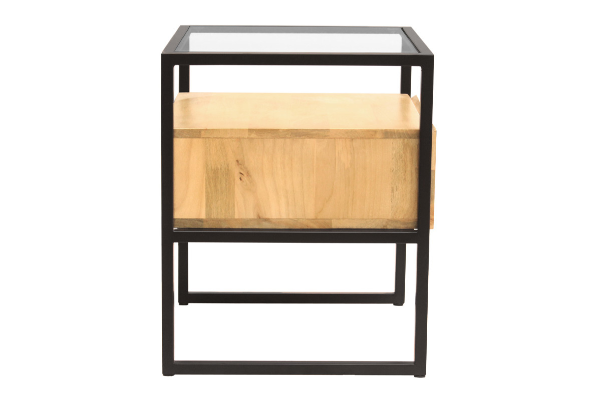 Comodino con cassetto in legno massello di mango, vetro e metallo nero DIYA