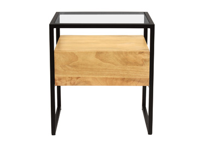 Comodino con cassetto in legno massello di mango, vetro e metallo nero DIYA