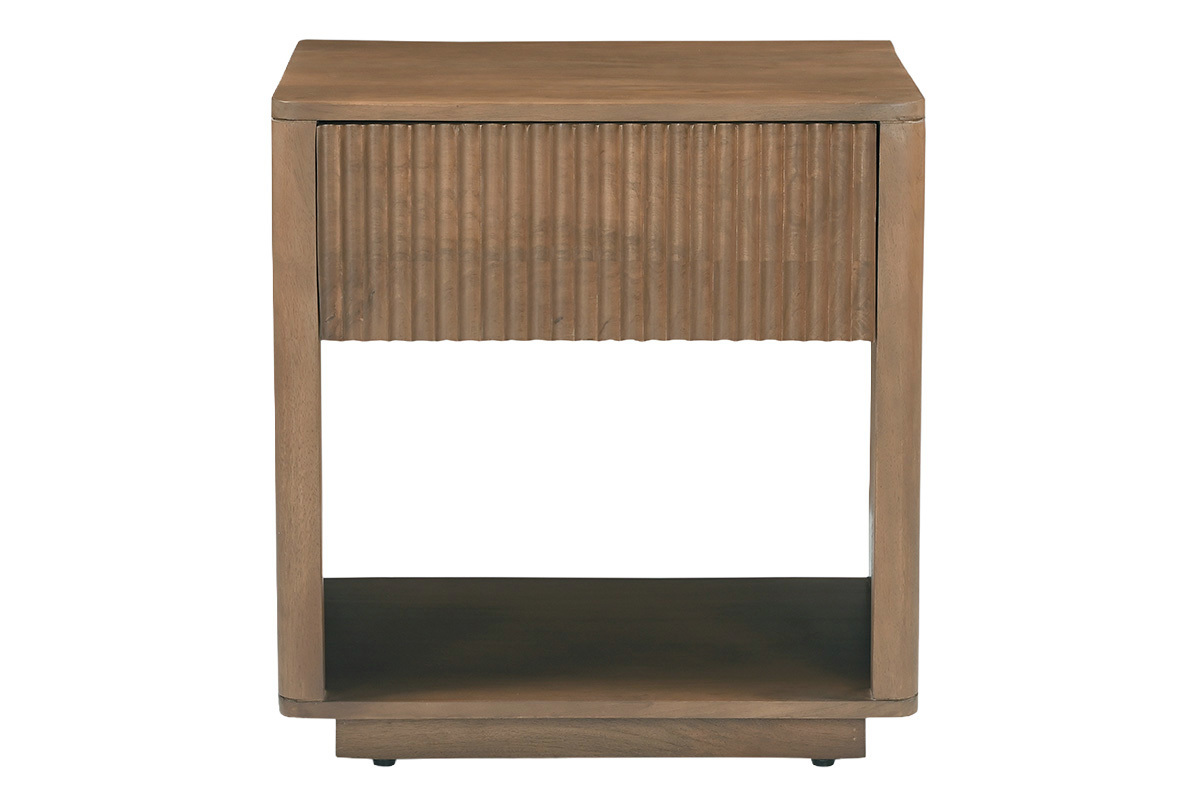 Comodino in legno massello di mango scuro con cassetto, vista frontale
