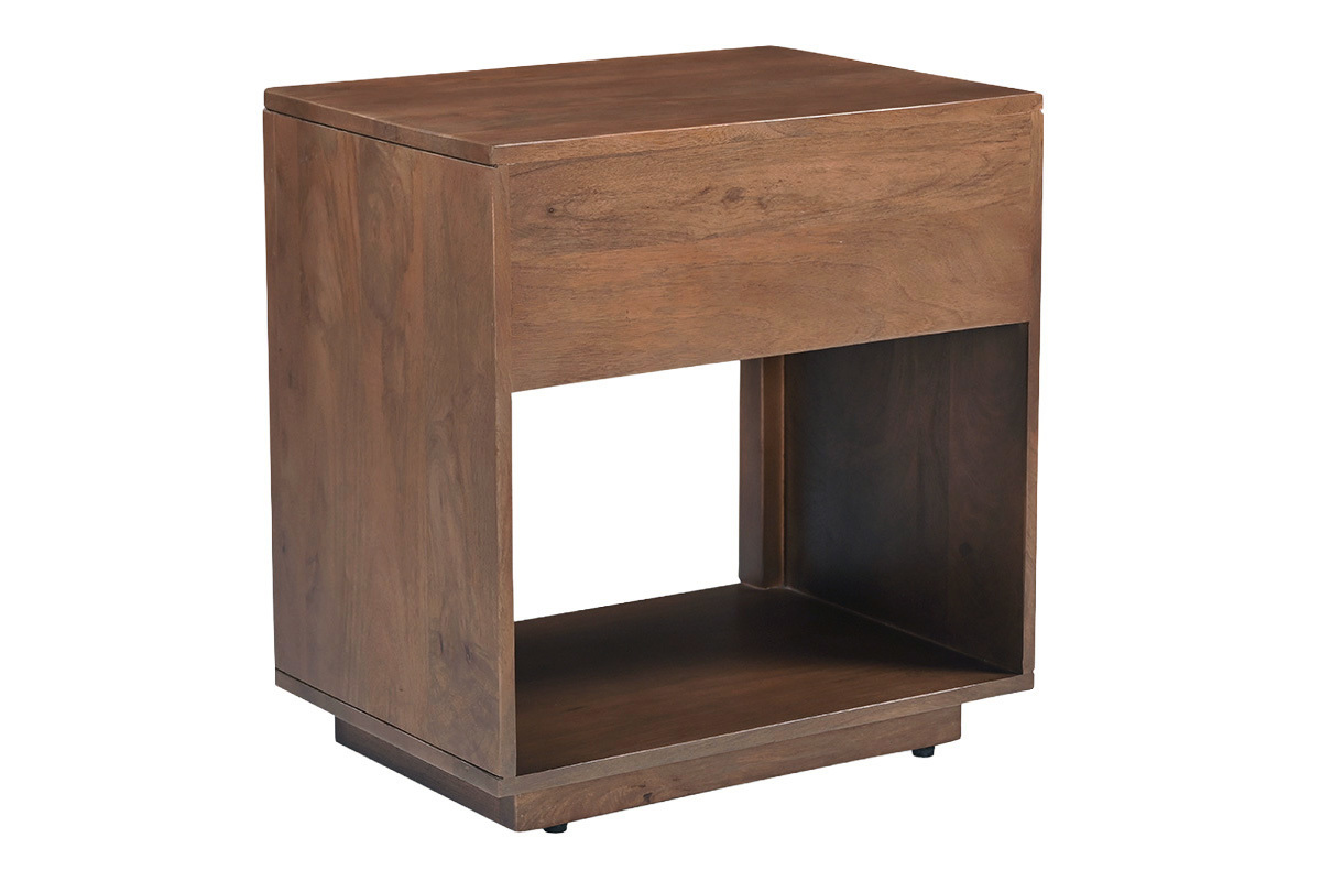 Comodino in legno di mango massiccio scuro con cassetto, vista tre quarti posteriore