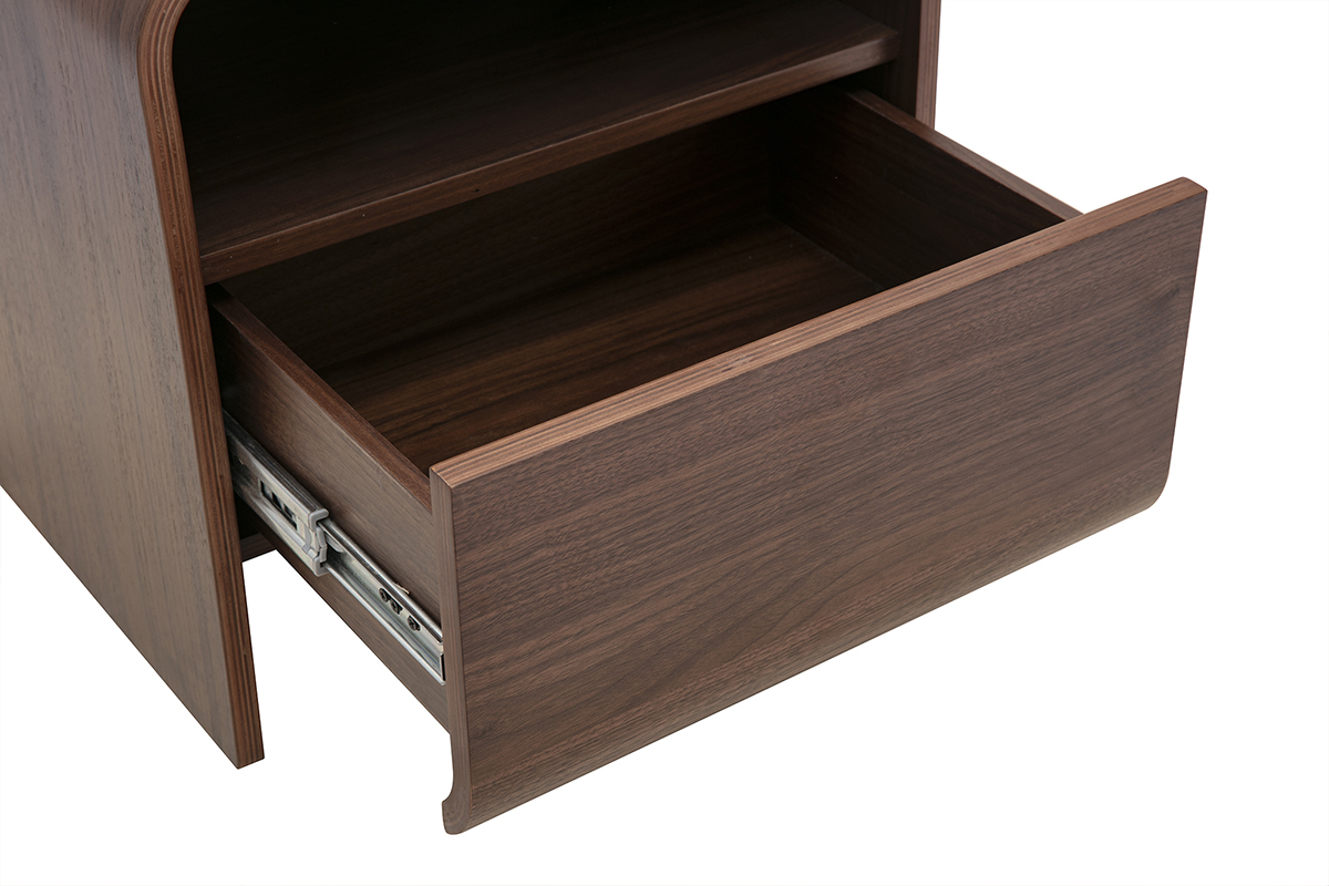 Comodino KYLIA in legno scuro noce, vista con cassetto aperto.