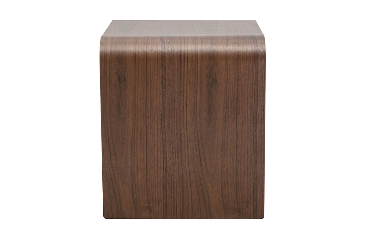 Comodino KYLIA in legno scuro noce, vista laterale, con curve morbide.