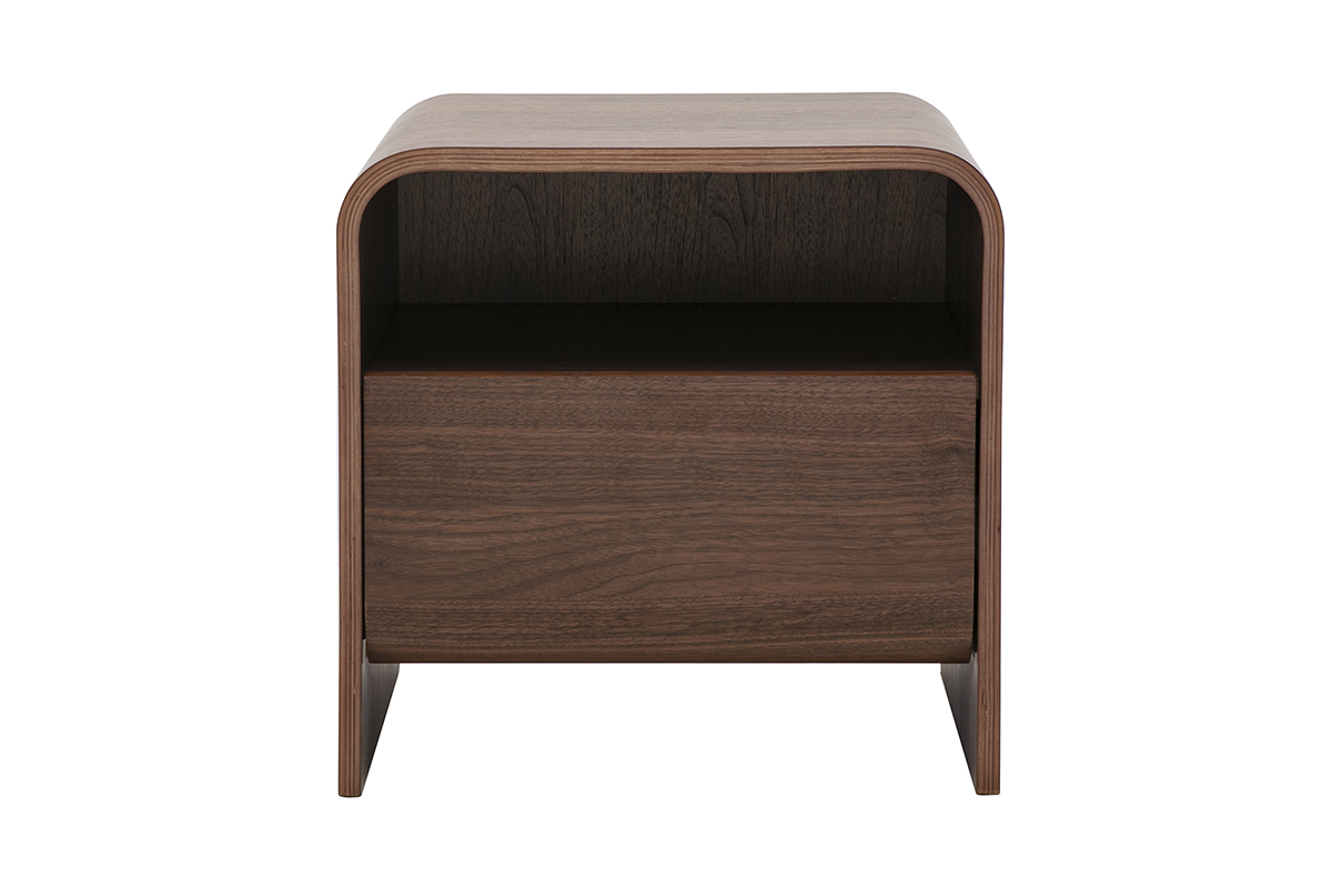 Comodino in legno di noce scuro con cassetto, vista frontale, design pulito e curve morbide.