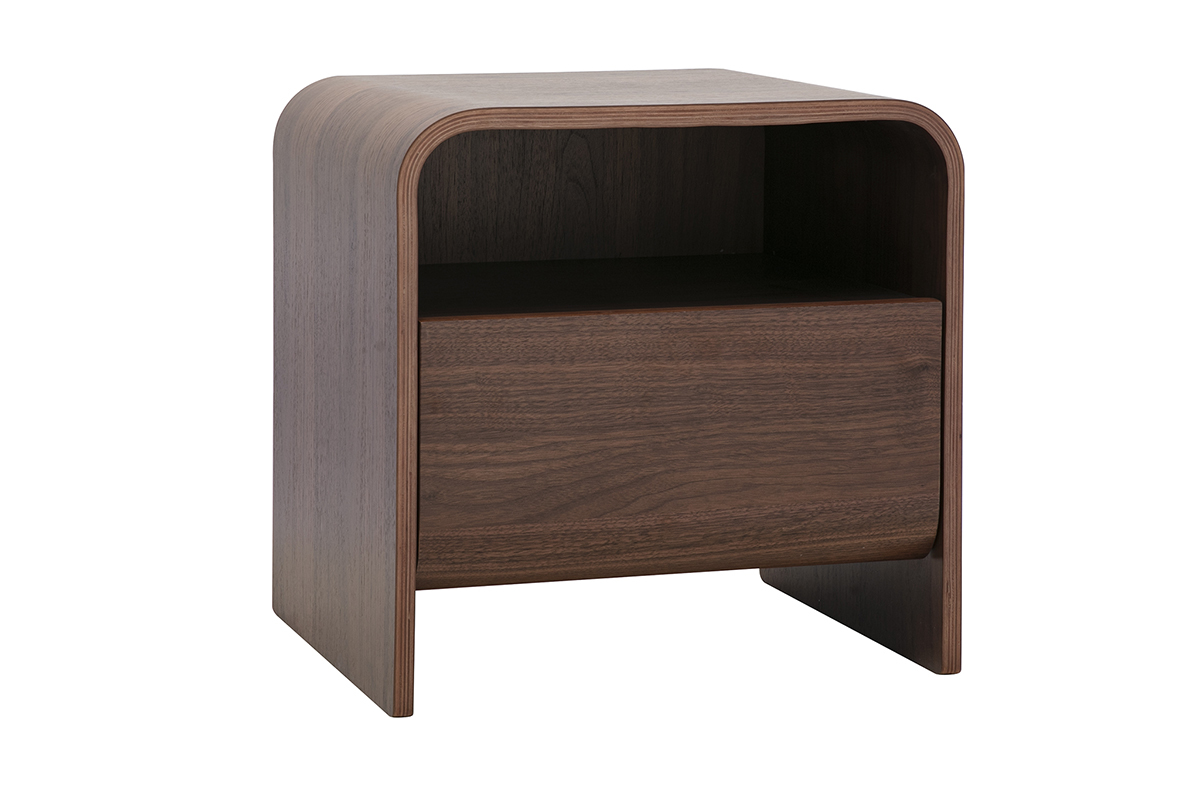 Comodino KYLIA in legno scuro noce con cassetto e nicchia aperta, vista 3/4.