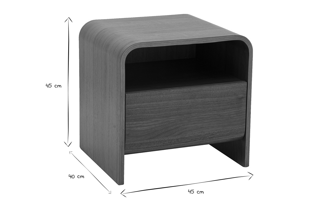 Comodino KYLIA in nero e bianco con dimensioni L45 x P40 x H45 cm, vista a tre quarti.