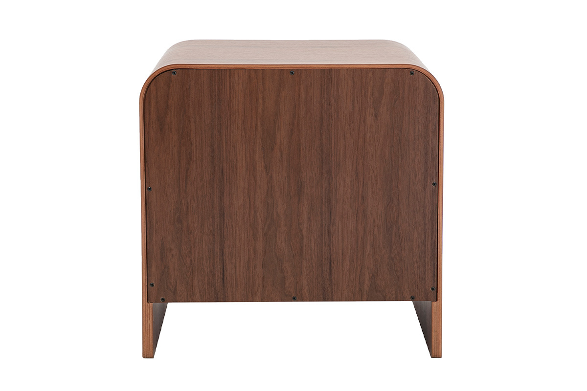 Comodino KYLIA in legno noce scuro, vista posteriore, silhouette compatta e curva.