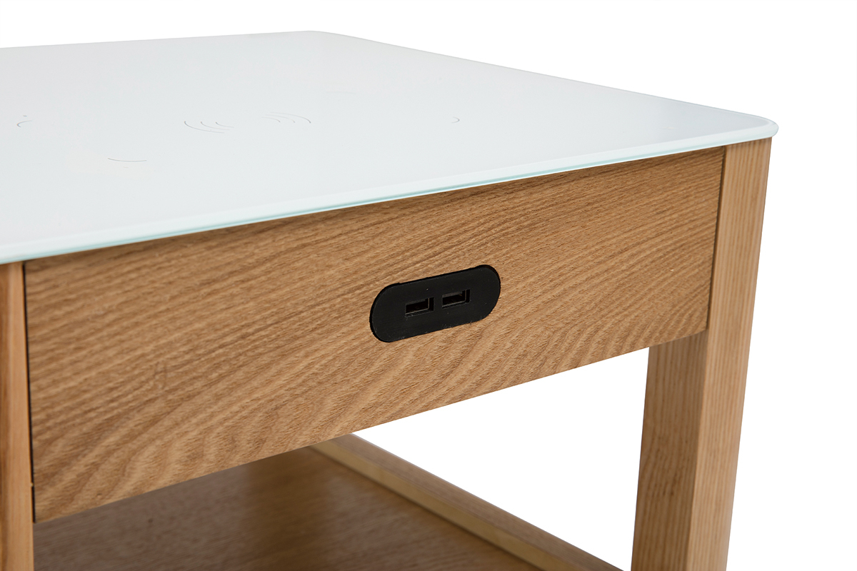 Comodino con connessione multimediale in vetro temperato bianco e legno chiaro TEMPO