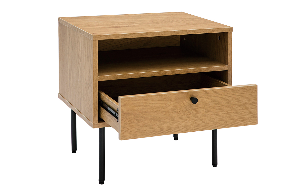 Comodino con scomparto finitura legno chiaro rovere e base metallo nero L50 cm PERNELLE