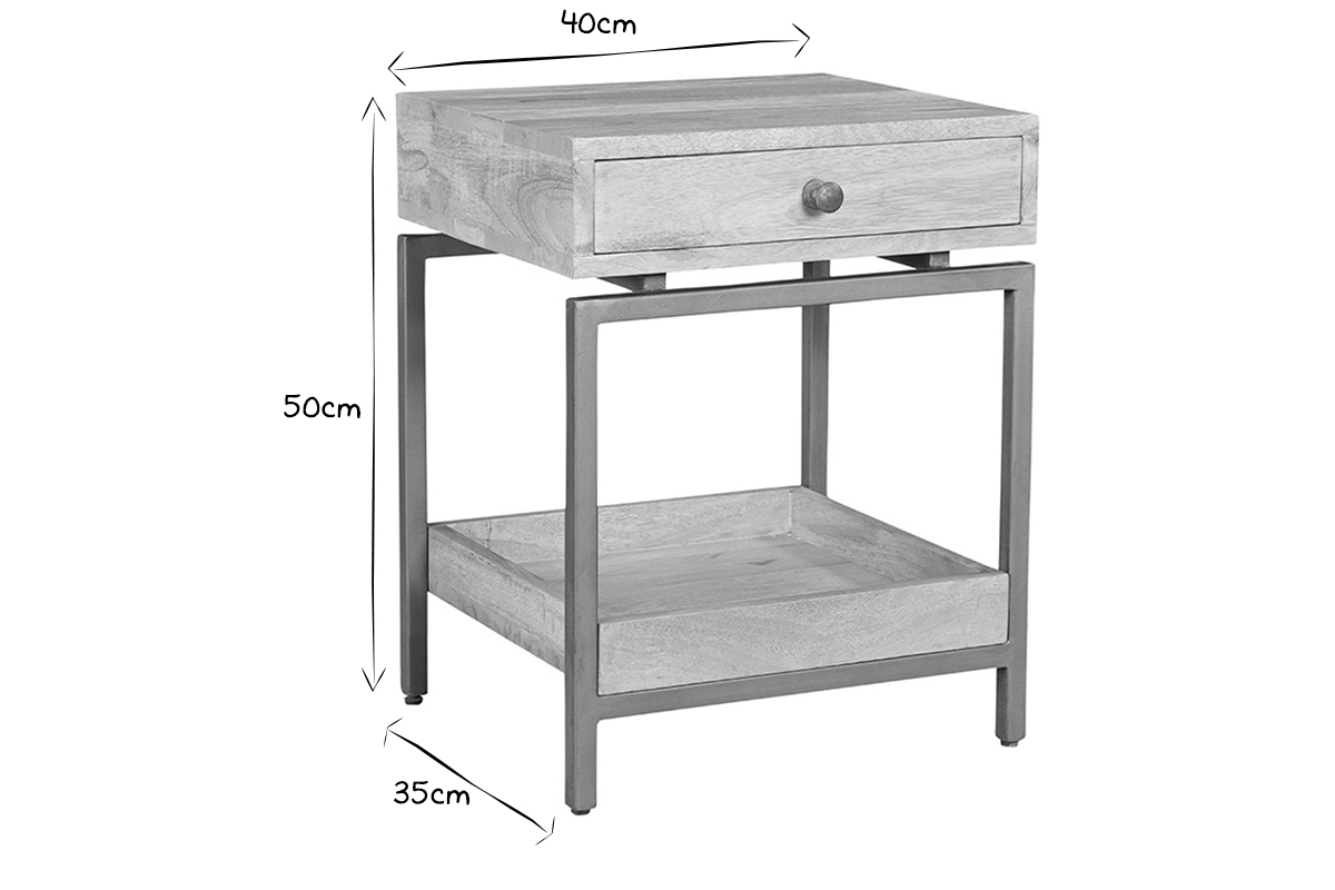 Comodino con scomparto in legno chiaro massello di mango e metallo dorato OCTAVIE