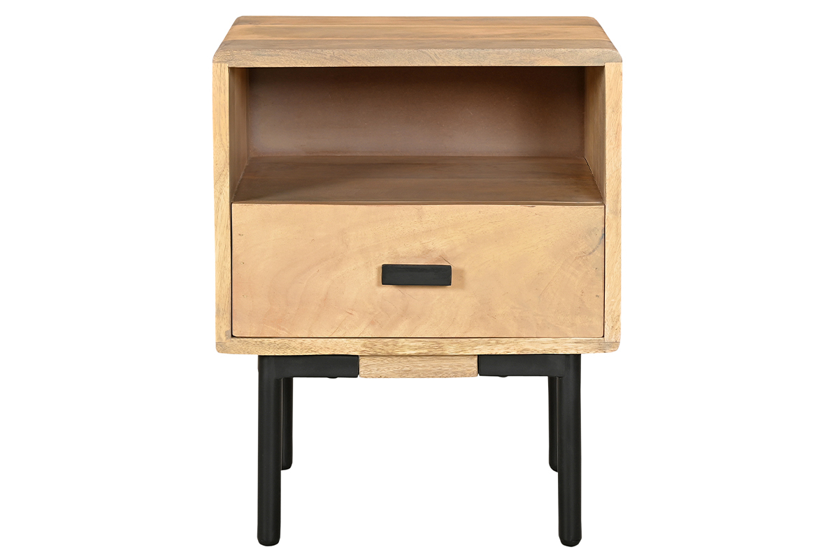 Comodino con scomparto in legno chiaro massello di mango e metallo nero L40 cm JUDE
