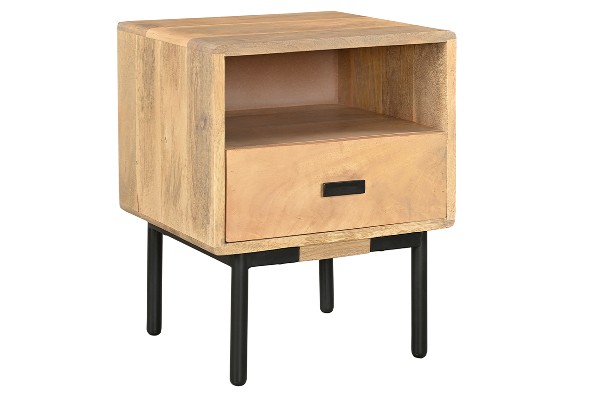 Comodino con scomparto in legno chiaro massello di mango e metallo nero L40 cm JUDE