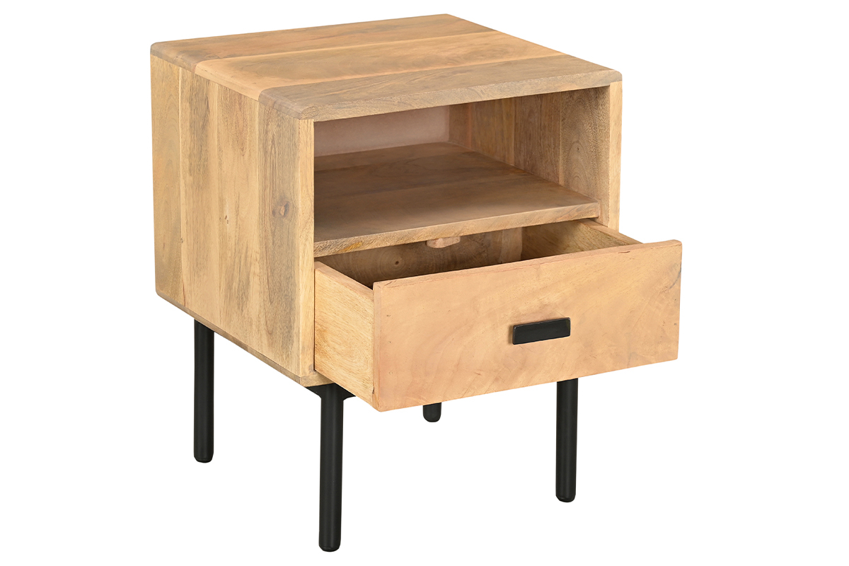 Comodino con scomparto in legno chiaro massello di mango e metallo nero L40 cm JUDE
