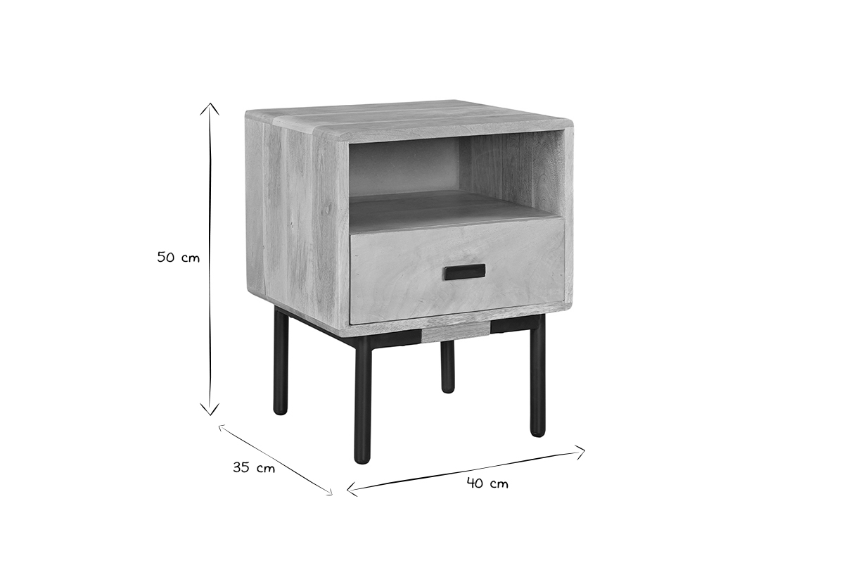 Comodino con scomparto in legno chiaro massello di mango e metallo nero L40 cm JUDE