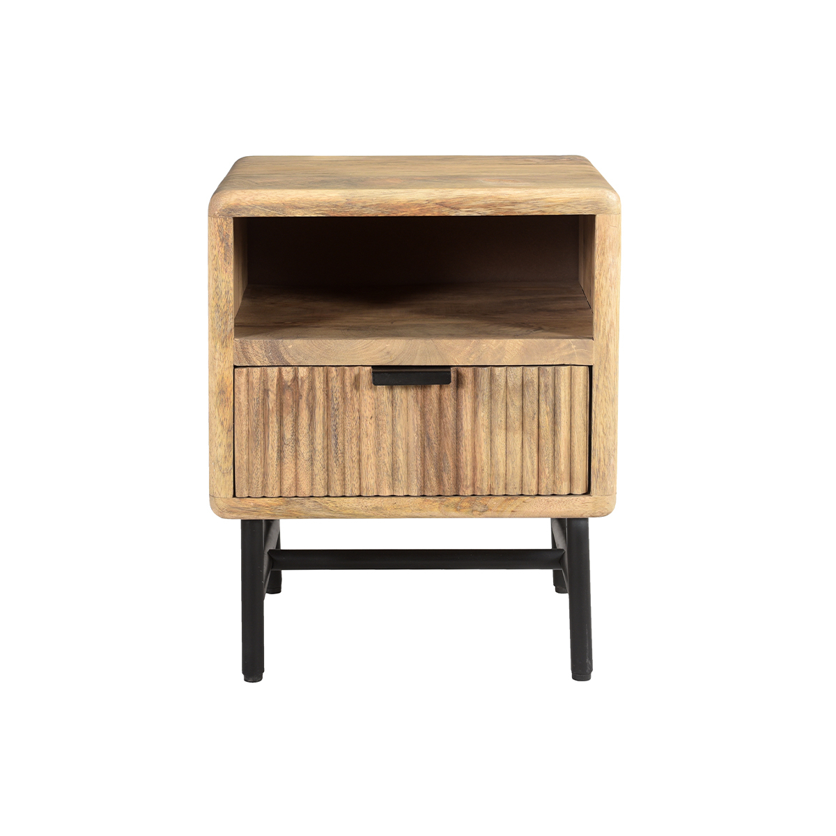 Comodino con scomparto legno chiaro massello di mango con incisioni e metallo nero MORISSON