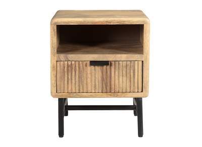 Comodino con scomparto legno chiaro massello di mango con incisioni e metallo nero MORISSON