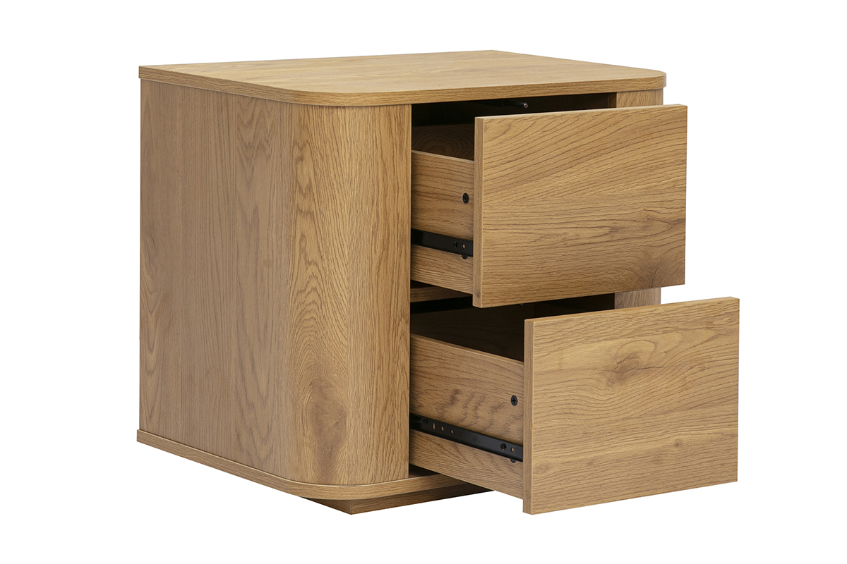 Comodino con 2 cassetti in legno chiaro di rovere, vista in tre quarti