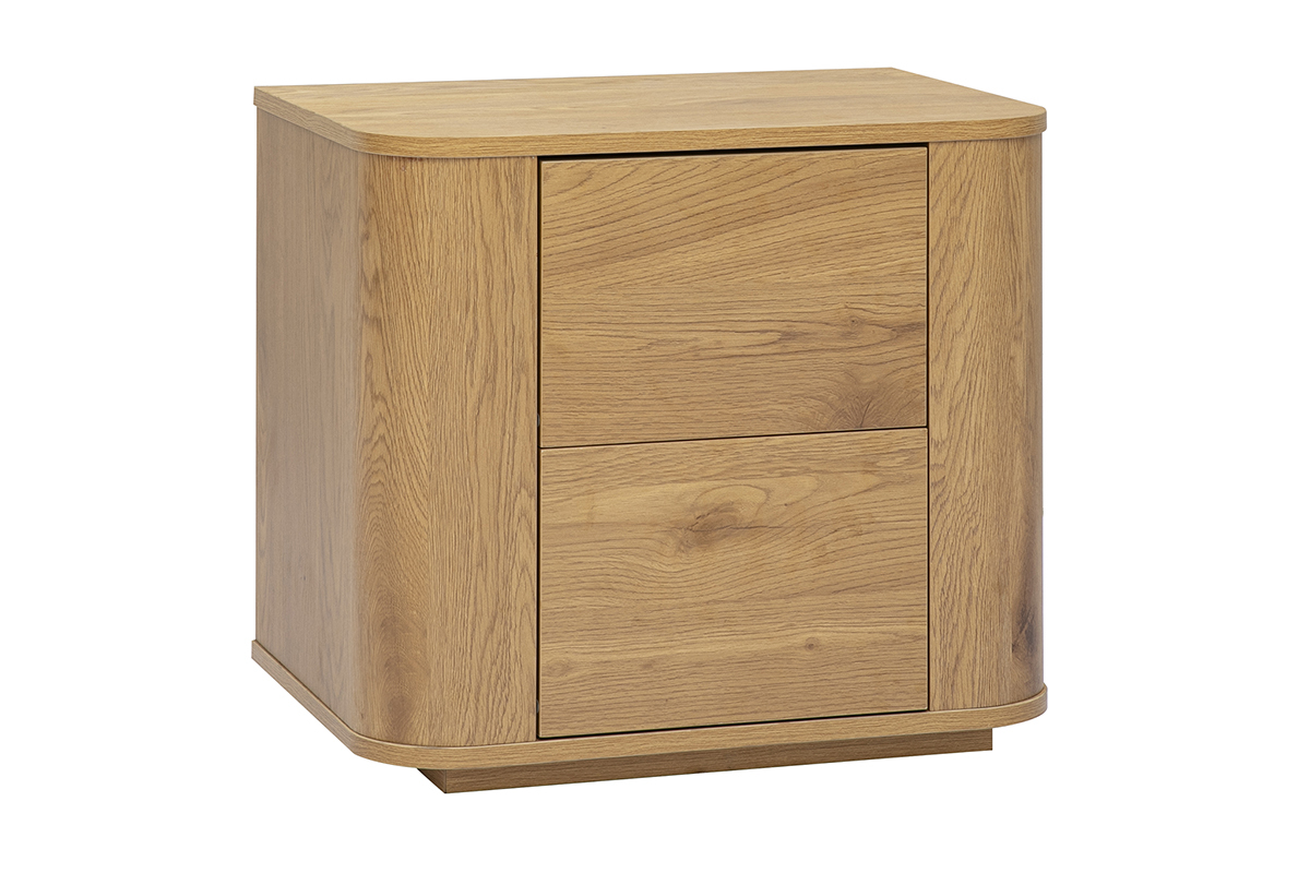 Comodino NEGAN in legno chiaro di rovere, vista in 3/4 con 2 cassetti