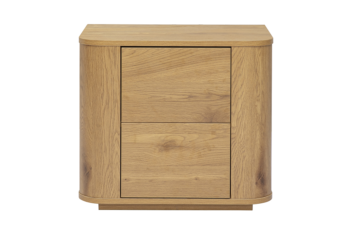 Comodino NEGAN in legno chiaro con 2 cassetti, vista frontale.