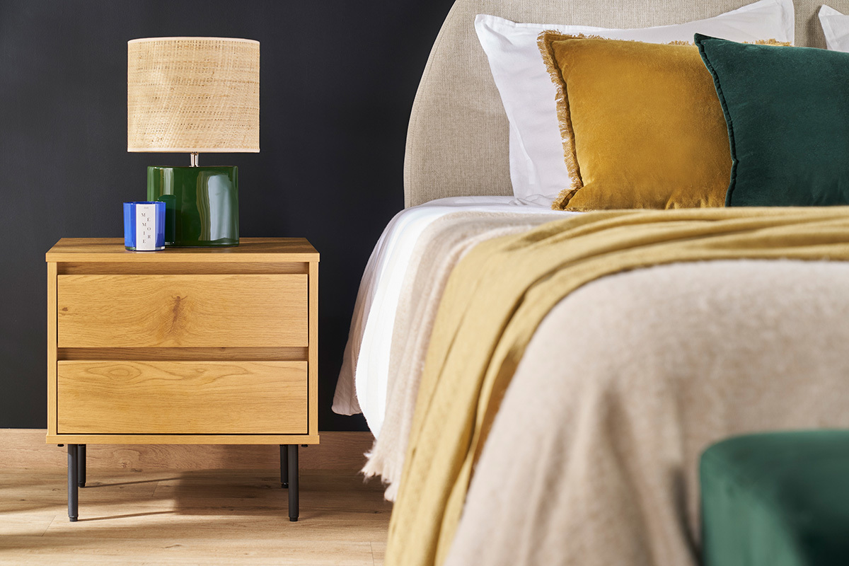 Comodino finitura legno chiaro rovere 2 cassetti ARAGON