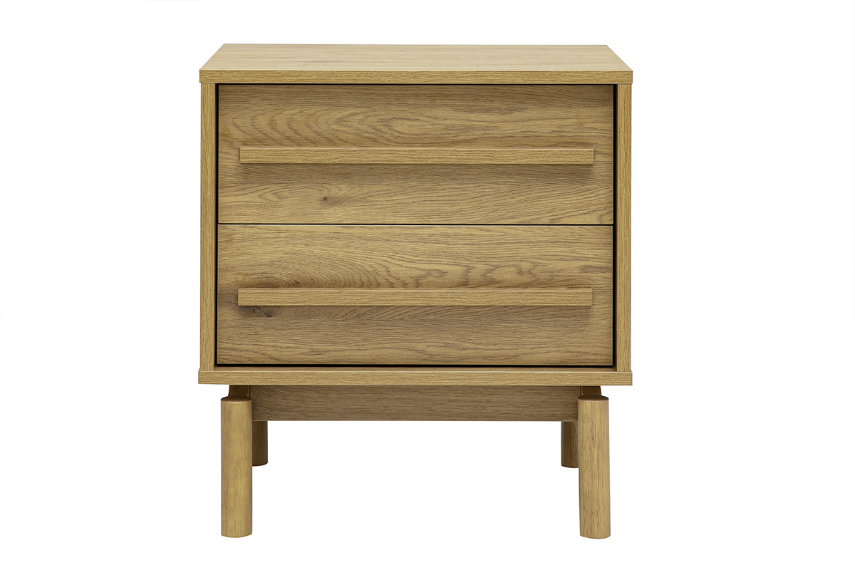 Comodino finitura legno di quercia con 2 cassetti, vista frontale, design scandinavo.