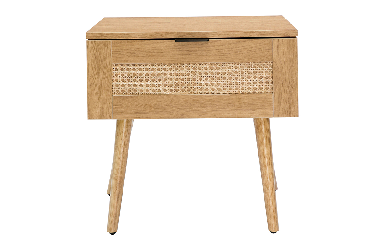 Comodino in legno chiaro, motivo a intreccio rattan e metallo nero L50 cm MANILLE
