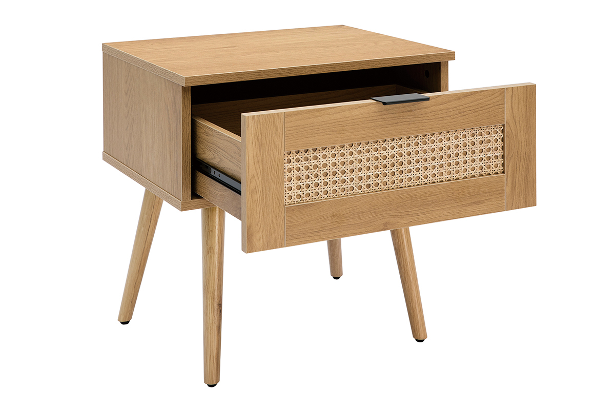 Comodino in legno chiaro, motivo a intreccio rattan e metallo nero L50 cm MANILLE