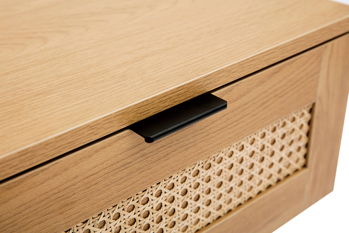 Comodino in legno chiaro, motivo a intreccio rattan e metallo nero L50 cm MANILLE