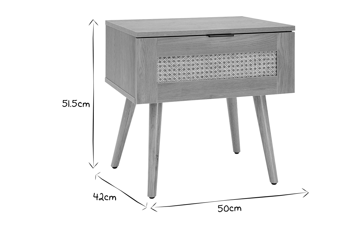 Comodino in legno chiaro, motivo a intreccio rattan e metallo nero L50 cm MANILLE