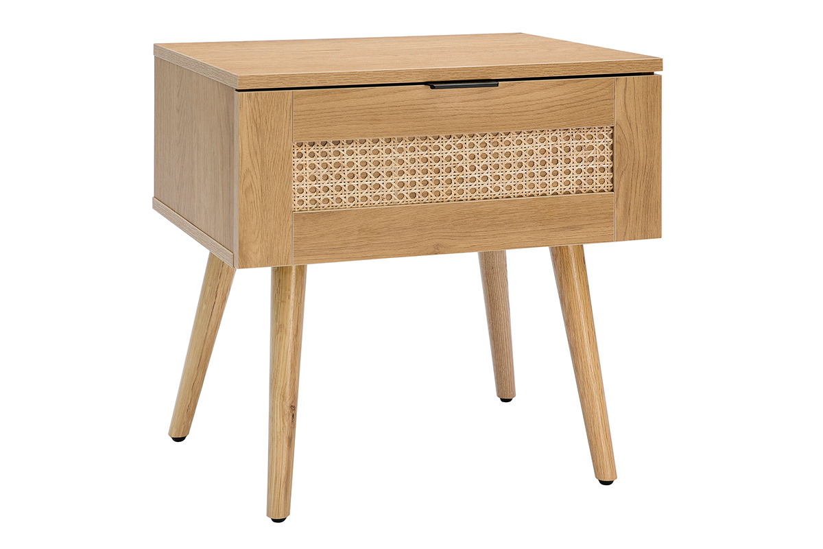 Comodino in legno chiaro, motivo a intreccio rattan e metallo nero MANILLE