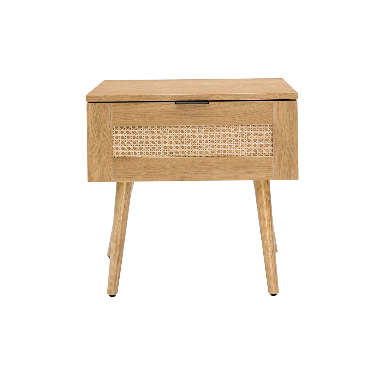 Comodino in legno chiaro, motivo a intreccio rattan e metallo nero MANILLE