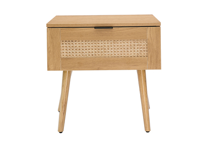 Comodino in legno chiaro, motivo a intreccio rattan e metallo nero MANILLE