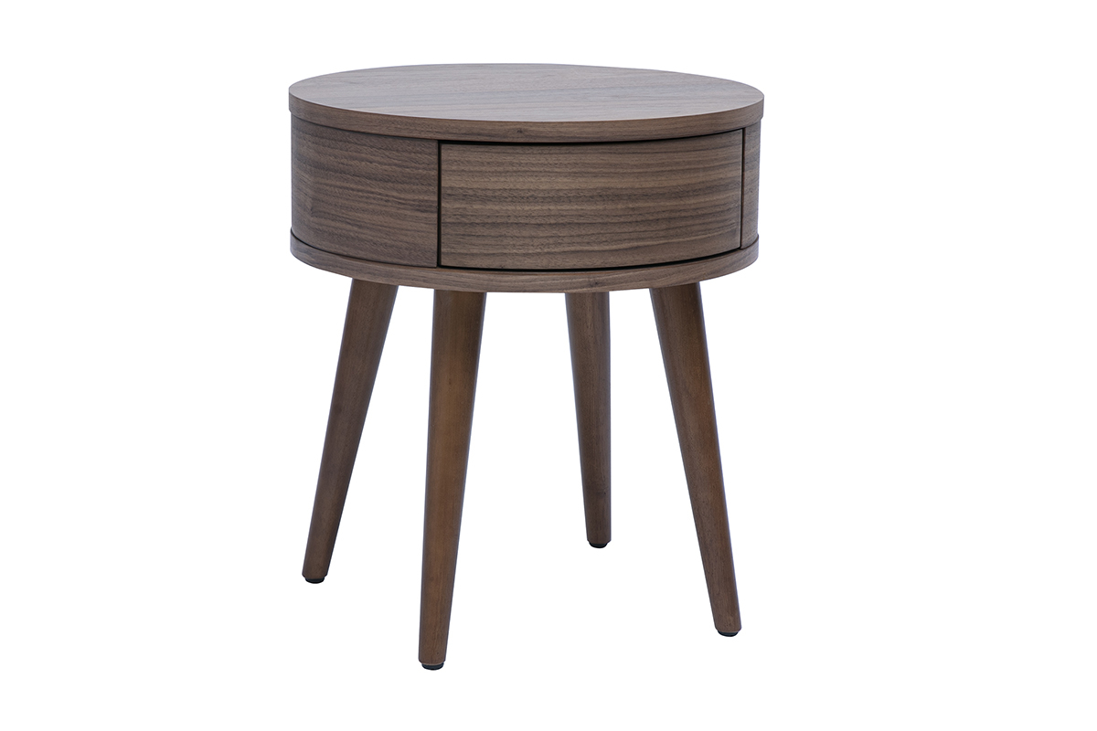 Comodino rotondo in legno scuro con cassetto, vista da 3/4.