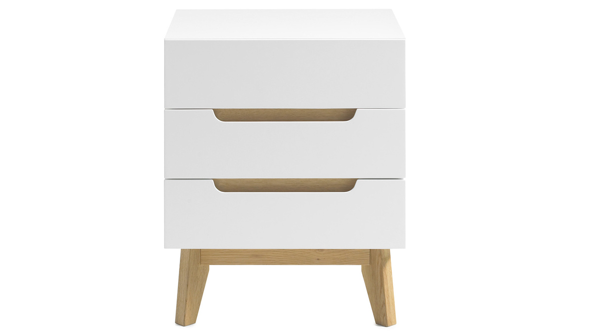 Comodino scandinavo 3 cassetti bianco opaco e legno SKIVE