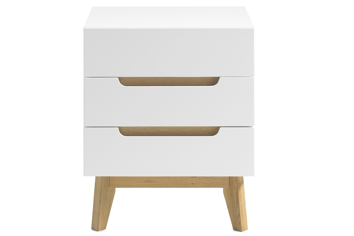 Comodino scandinavo 3 cassetti bianco opaco e legno SKIVE