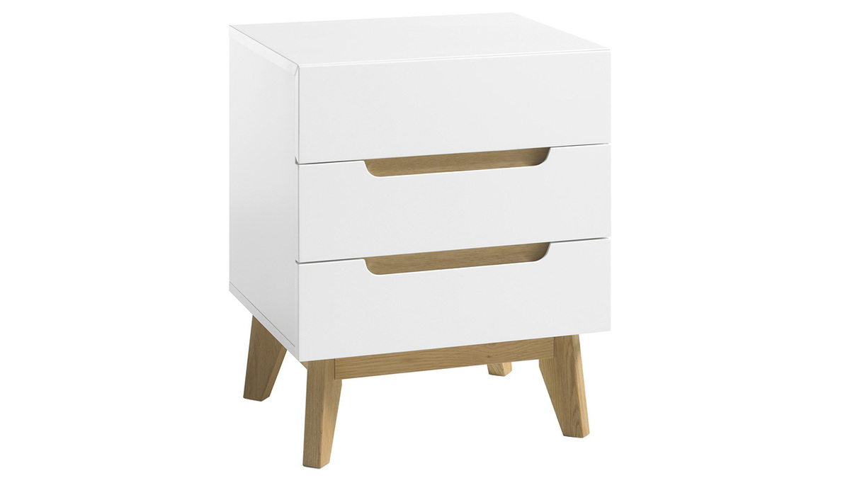 Comodino scandinavo 3 cassetti bianco opaco e legno SKIVE