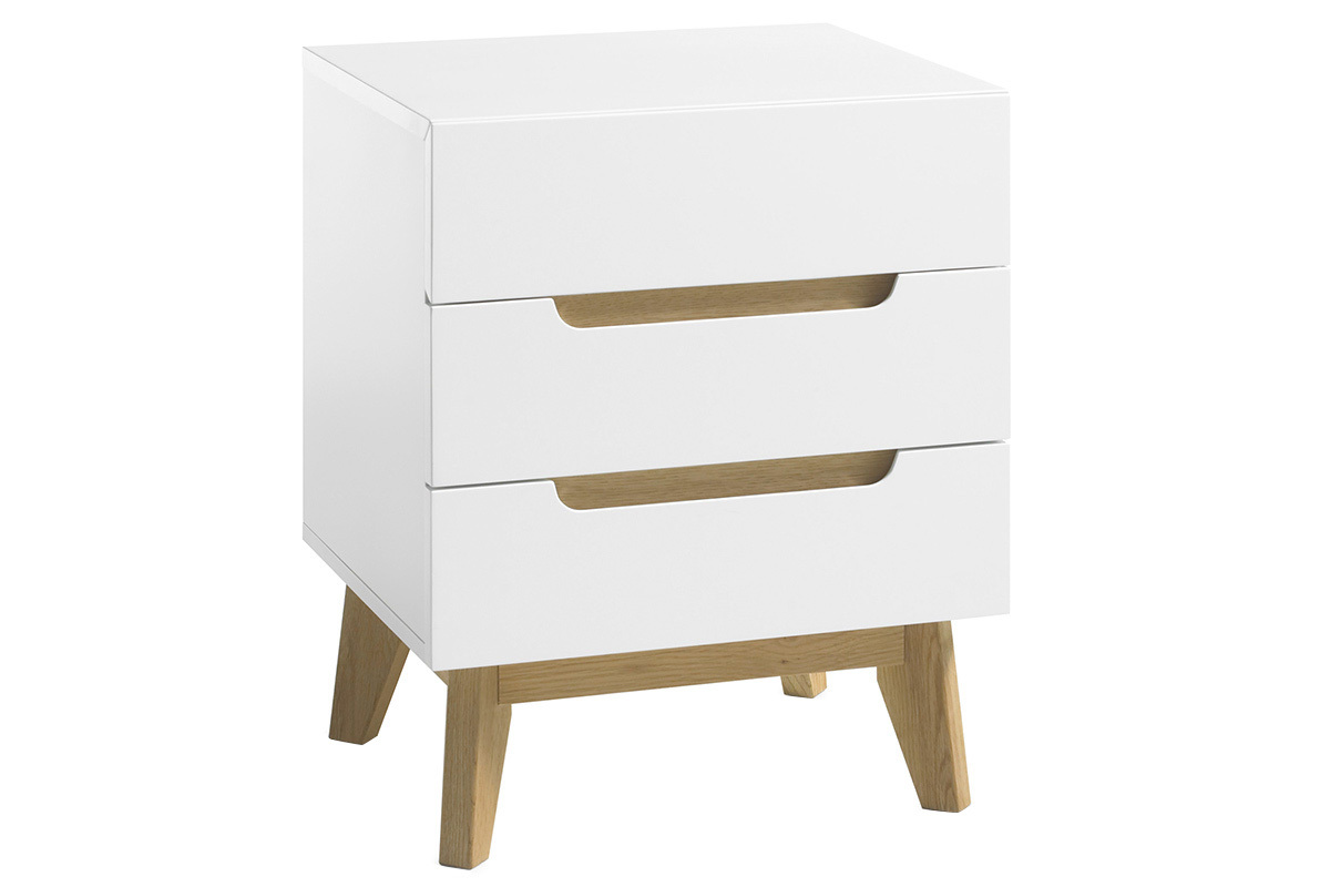 Comodino scandinavo 3 cassetti bianco opaco e legno SKIVE