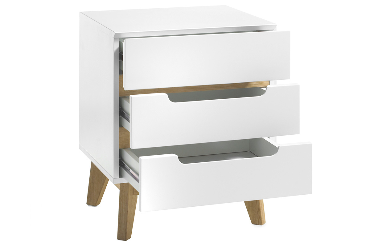 Comodino scandinavo 3 cassetti bianco opaco e legno SKIVE