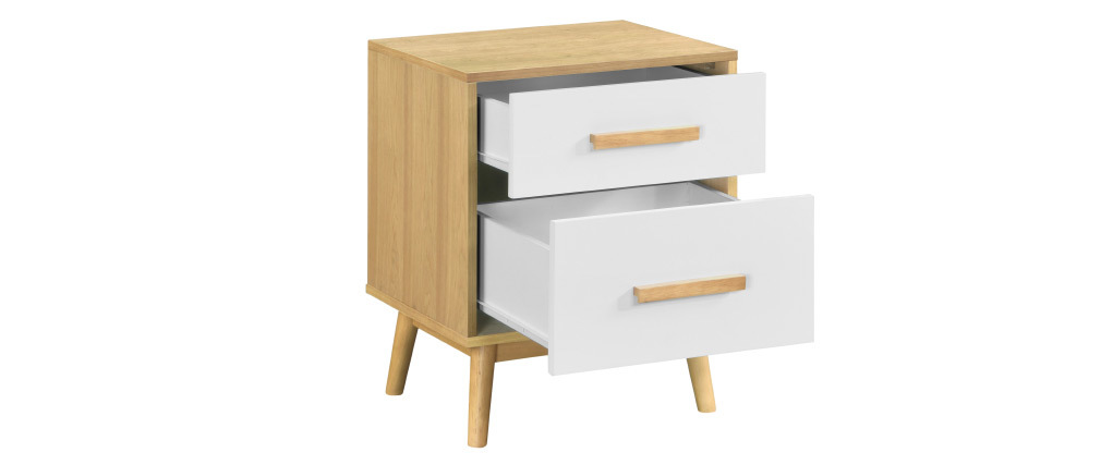 Comodino scandinavo a 2 cassetti in legno chiaro e bianco TALIA - Miliboo
