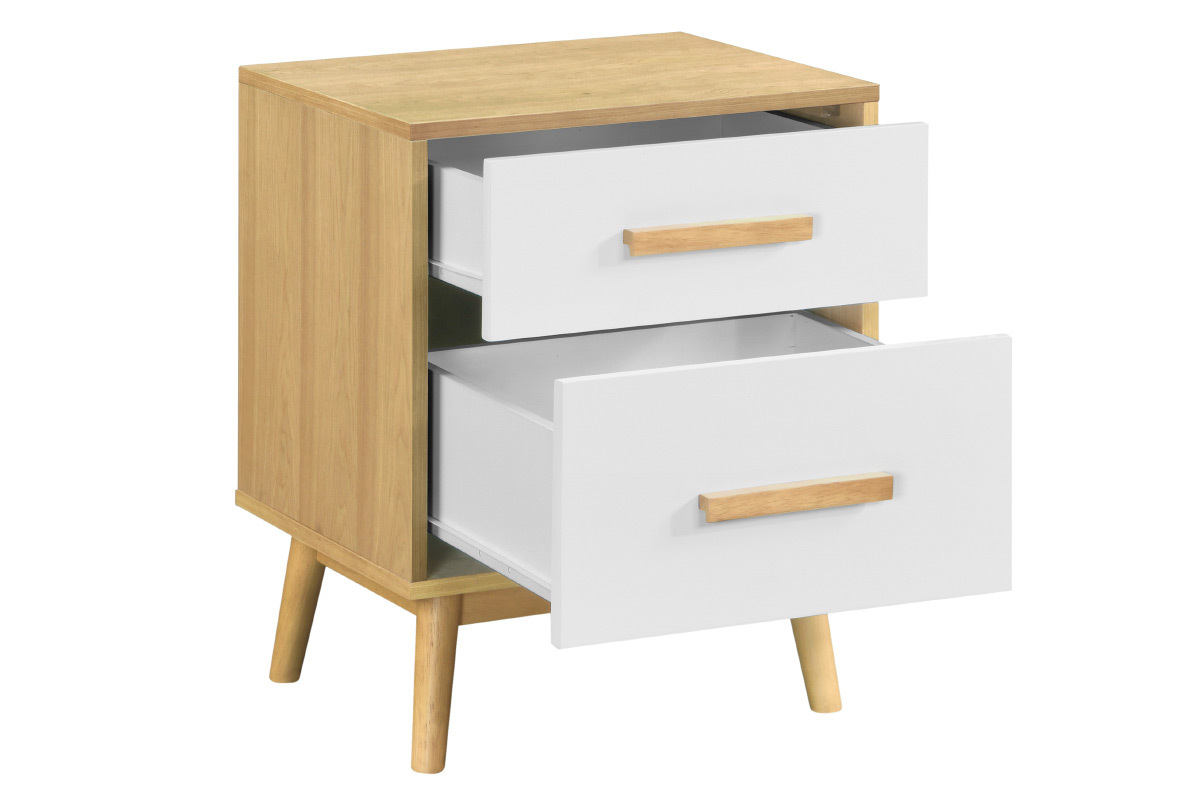 Comodino scandinavo a 2 cassetti in legno chiaro e bianco TALIA