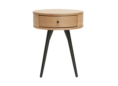 Comodino vintage rotondo in legno chiaro e metallo nero KORAL