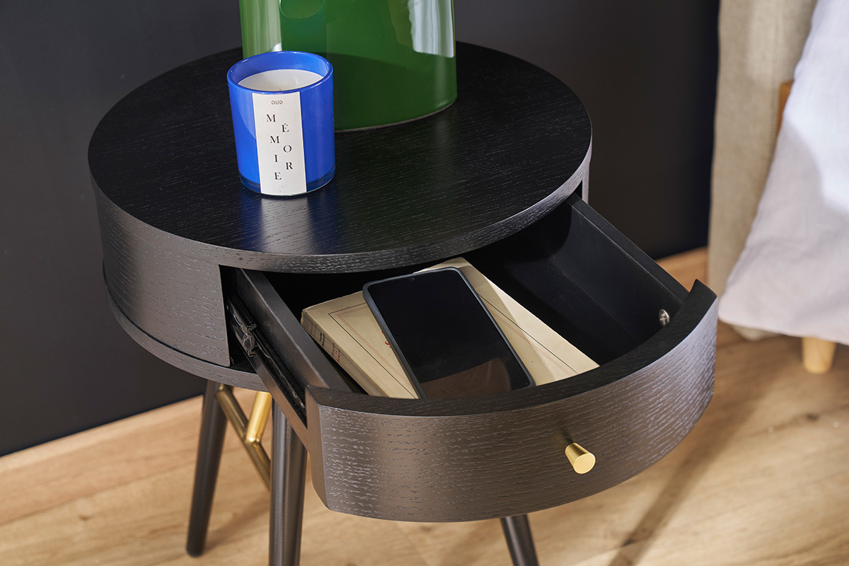 Comodino vintage rotondo in legno e metallo nero dettagli dorati KORAL