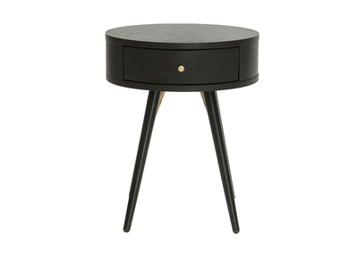 Comodino vintage rotondo in legno e metallo nero dettagli dorati KORAL