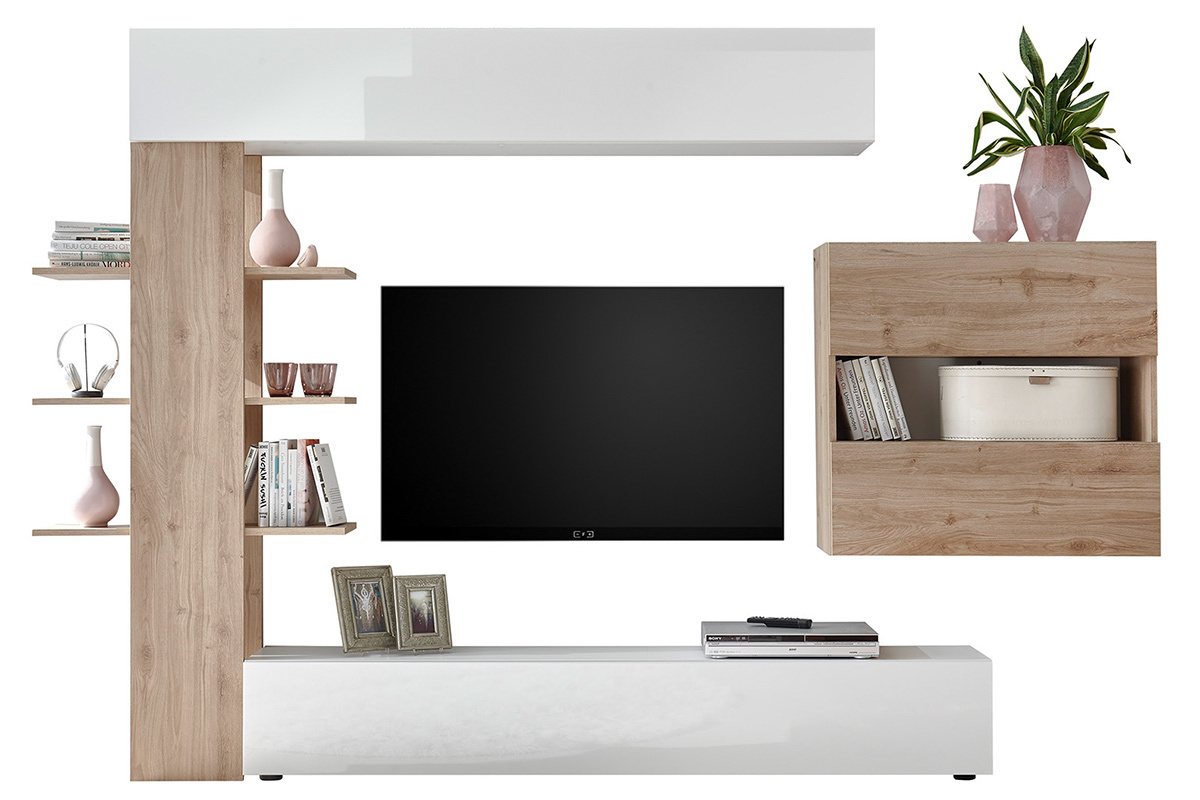 Composizione TV murale finiture legno chiaro e bianco ETERNEL