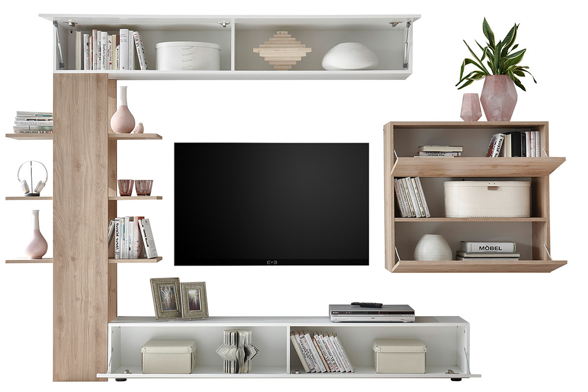 Composizione TV murale finiture legno chiaro e bianco ETERNEL