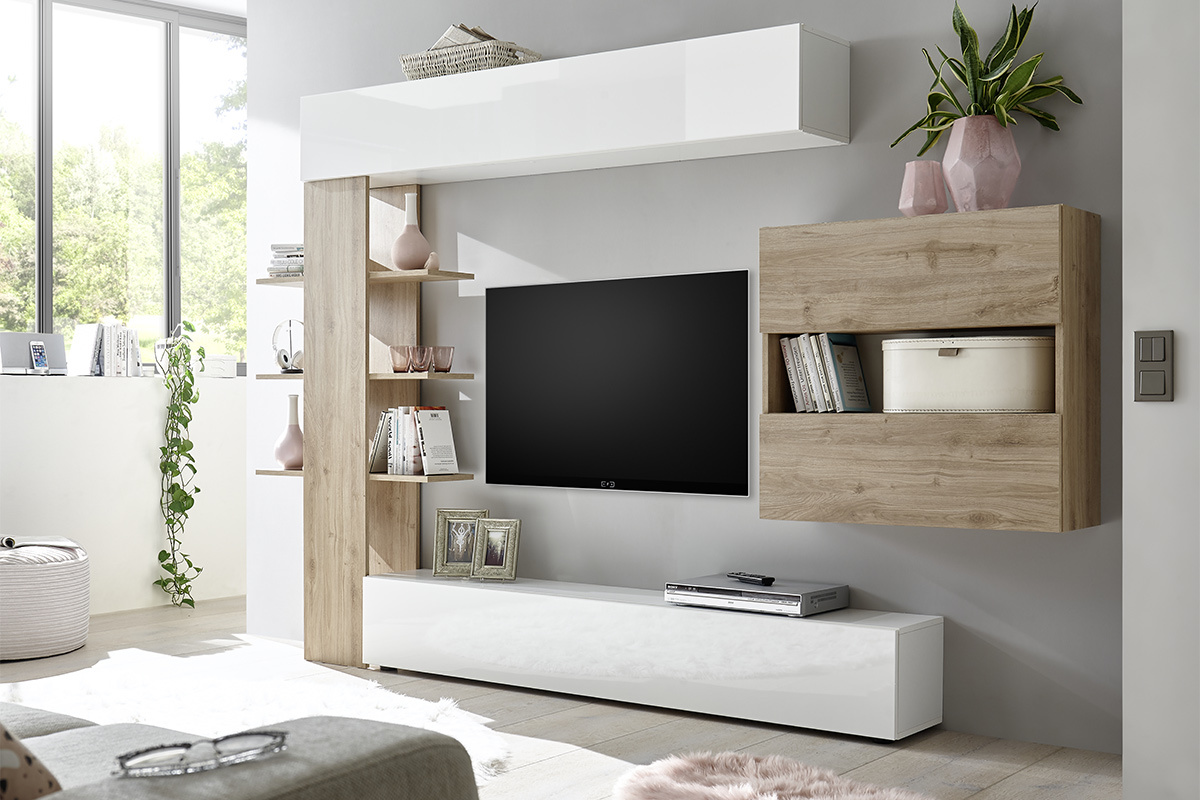 Composizione TV murale finiture legno chiaro e bianco ETERNEL