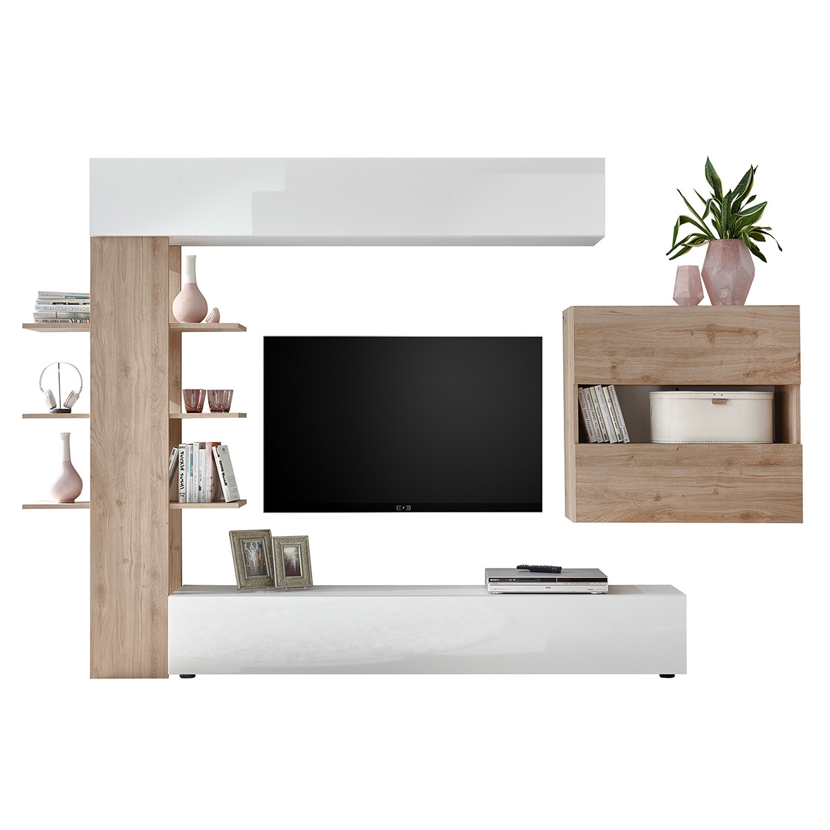 Composizione TV murale finiture legno chiaro e bianco ETERNEL