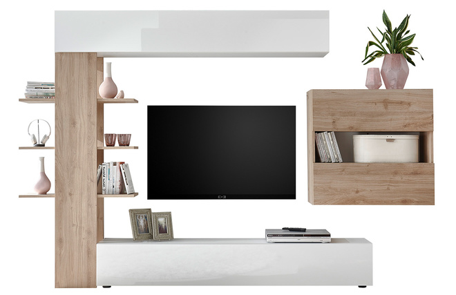 Composizione TV murale finiture legno chiaro e bianco ETERNEL